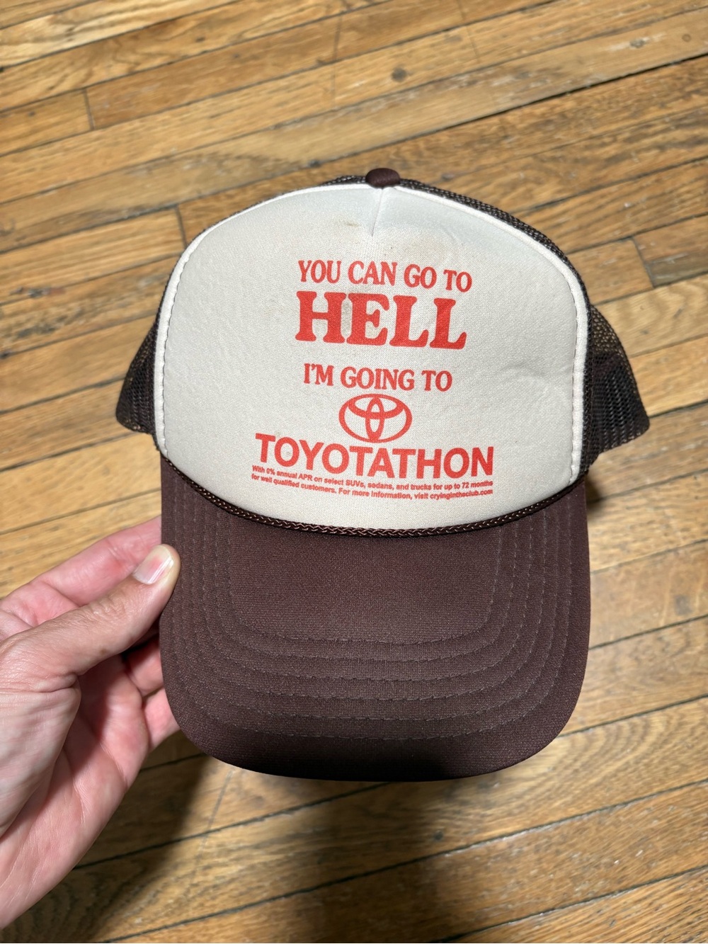 Toyotathon Trucker Hat - Brown and Cream with Red Print